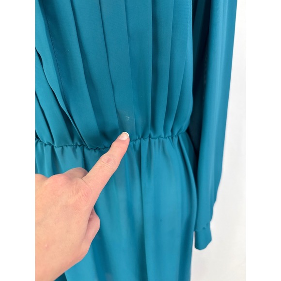 Vintage C&R Teal Blue Pleated Bodice Secretary Dress 80s Long Sleeve, 40 bust, L - Picture 4 of 13